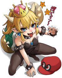 Rule 34 | 1girl, :p, absurdres, armlet, bare shoulders, black nails, black pantyhose, blonde hair, blue eyes, blue gemstone, blush, bowsette, bracelet, breasts, bright pupils, cabbie hat, cappy (mario), cleavage, collar, crown, dikko, fingernails, from above, full body, gem, half-closed eyes, hat, highres, horns, jewelry, leotard, long fingernails, looking at viewer, mario (series), nail polish, new super mario bros. u deluxe, nintendo, open mouth, pantyhose, pointy ears, ponytail, red eyes, red hat, sharp fingernails, sharp teeth, simple background, small breasts, smile, solo, spiked armlet, spiked bracelet, spiked collar, spiked shell, spikes, squatting, star (symbol), super crown, super mario odyssey, sweatdrop, tail, teeth, text focus, tongue, tongue out, translation request, white background