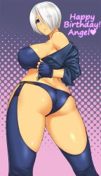 Rule 34 | 1girl, angel (kof), ass, blue eyes, breasts, butt crack, chaps, cropped jacket, curvy, fingerless gloves, from below, gloves, hair over one eye, happy birthday, highres, large breasts, looking at viewer, looking back, midriff, panties, parted lips, short hair, sideboob, silver hair, solo, st.germain-sal, the king of fighters, thick thighs, underwear