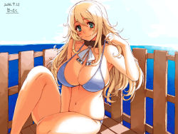 Rule 34 | 10s, 1girl, against fence, alternate costume, armpits, artist name, atago (kancolle), bad anatomy, bare arms, bare legs, bare shoulders, bikini, blonde hair, blue bikini, breasts, cleavage, dated, day, fence, green eyes, highres, kantai collection, large breasts, long hair, looking at viewer, navel, ocean, pulled by self, sitting, smile, solo, stomach, strap pull, sunlight, swimsuit, whoosaku