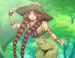 Rule 34 | 1girl, animification, braid, brown hair, commentary request, flower, freckles, green eyes, hand on headwear, harry potter (series), hat, hat flower, hogwarts legacy, kaname aomame, long hair, long sleeves, looking at viewer, mirabel garlick, open mouth, overalls, smile, solo, tree, twin braids, upper body, wizarding world