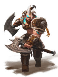 Rule 34 | 1boy, abs, arm tattoo, axe, bara, barbarian, beard, biceps, boots, brown hair, chest belt, chest protector, dual wielding, facial hair, facial tattoo, gauntlets, highres, holding, kang nk, large pectorals, leather, leather belt, leather boots, looking at viewer, male focus, manly, mature male, mohawk, multicolored hair, muscular, muscular male, original, pants, pectorals, ponytail, scar, scar across eye, shoulder pads, solo, spikes, tattoo, thick arms, warrior, weapon, white hair