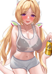 Rule 34 | 1girl, absurdres, aki rosenthal, beer can, black bra, blonde hair, blush, bra, breasts, can, cleavage, detached hair, drink can, hair ornament, haro art, highres, hololive, large breasts, navel, purple eyes, saliva, see-through, simple background, sitting, solo, sports bra, twintails, underwear, virtual youtuber, wariza