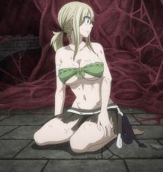 Rule 34 | 1girl, barefoot, blonde hair, breasts, brown eyes, cleavage, dirty, fairy tail, female focus, floor, highres, large breasts, long hair, lucy heartfilia, navel, screencap, sitting, skirt, solo, stitched, third-party edit, whip