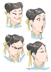 Rule 34 | 1girl, absurdres, angry, capcom, chun-li, cirenk, emoji, female focus, head only, highres, looking to the side, meme, multiple views, poggers, simple background, smile, solo, street fighter, surprised, white background