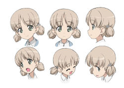 Rule 34 | 1girl, closed eyes, concept art, embarrassed, from side, girls und panzer, green eyes, hair tie, hairband, light brown hair, light smile, multiple views, official art, open mouth, shirt, short hair, short twintails, simple background, twintails, white background, white hairband, white shirt