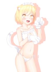 Rule 34 | 1girl, absurdres, animal ears, animal hands, blonde hair, bra, cat ear panties, cat ears, cat lingerie, cat tail, cleavage cutout, clothing cutout, collarbone, eman (6vchikorita), fang, gloves, highres, kemonomimi mode, looking at viewer, maid headdress, meme attire, midriff, mugetsu (touhou), navel, open mouth, panties, paw gloves, short hair, side-tie panties, simple background, smile, solo, tail, touhou, touhou (pc-98), underwear, white background, white bra, white panties, yellow eyes