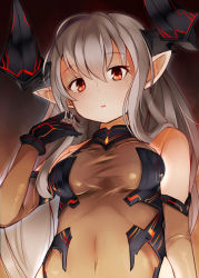 Rule 34 | 10s, 1girl, :o, bare shoulders, black gloves, bobu (bovyo222), borrowed character, breasts, colo mag-chan, covered navel, detached sleeves, draph, eyebrows, gloves, granblue fantasy, hair between eyes, twirling hair, hand in own hair, highres, leotard, long hair, long sleeves, medium breasts, open mouth, original, pointy ears, red eyes, solo, taut clothes, taut leotard, upper body, white hair