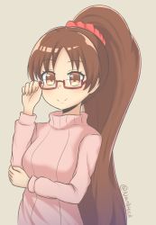 Rule 34 | 1girl, artist name, blush, breasts, brown eyes, brown hair, closed mouth, fire emblem, fire emblem: mystery of the emblem, fire emblem heroes, glasses, highres, large breasts, linde (fire emblem), long hair, long sleeves, nan0teck, nintendo, ponytail, semi-rimless eyewear, smile, solo, sweater, twitter username