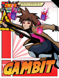 Rule 34 | 1boy, bomb, brown hair, card, charging energy, cosplay, crossover, disney, energy, explosive, gambit, gambit (cosplay), gloves, grin, highres, holding, holding staff, jacket, keyblade, kingdom hearts, looking at viewer, marvel, nintendo, playing card, red eyes, smile, smoking pipe, sora (kingdom hearts), square enix, staff, super smash bros., x-men
