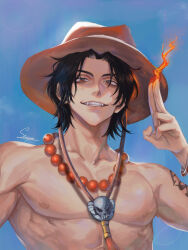 Rule 34 | 1boy, absurdres, artist name, bead necklace, beads, black hair, blue sky, bracelet, collarbone, fangs, fire, freckles, hand up, hat, highres, jewelry, looking at viewer, male focus, necklace, nipples, one piece, orange eyes, parted bangs, pectorals, portgas d. ace, pyrokinesis, salute, shoulder tattoo, skull, sky, smile, solo, staryoruu, tattoo, topless male, two-finger salute, upper body