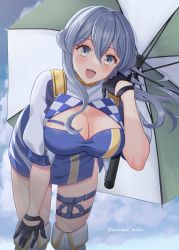 Rule 34 | 1girl, alternate costume, bandeau, blue bandeau, blue eyes, blue hair, blue skirt, blue sky, boots, breasts, checkered clothes, cleavage, cloud, cloudy sky, cowboy shot, crop top, day, gloves, gotland (kancolle), hair between eyes, half gloves, highres, kantai collection, long hair, looking at viewer, medium breasts, mole, mole under eye, natsume (natsume melio), open mouth, outdoors, parasol, race queen, short sleeves, skirt, sky, smile, solo, thigh boots, thighhighs, twitter username, umbrella, white thighhighs