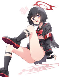 Rule 34 | 1girl, absurdres, armband, ass, black gloves, black hair, black sailor collar, black serafuku, black skirt, black socks, black wings, blue archive, blush, bow, bowtie, commentary request, feathered wings, fingerless gloves, gloves, halo, highres, kandori, kneehighs, long sleeves, looking at viewer, mashiro (blue archive), notice lines, pleated skirt, purple eyes, red bow, red bowtie, safety pin, sailor collar, school uniform, serafuku, short hair, simple background, skirt, socks, solo, white background, winged halo, wings