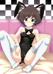 Rule 34 | 10s, 1girl, akiyama yukari, animal ears, blush, bow, bowtie, breasts, brown eyes, brown hair, cameltoe, checkered wall, couch, fake animal ears, girls und panzer, groin, highres, leotard, looking at viewer, nendoroya, pillow, playboy bunny, rabbit ears, short hair, small breasts, solo, spread legs, thighhighs, white thighhighs
