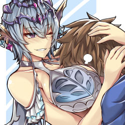 Rule 34 | 1boy, 1girl, ;), puff of air, bare shoulders, blue hair, blush, breast smother, breasts, brown hair, commentary, eyes visible through hair, face to breasts, gran (granblue fantasy), granblue fantasy, hair between eyes, hetero, hug, jewelry, large breasts, macula marius, one eye closed, parted lips, pink eyes, redrawn, revision, sanmoto gorouzaemon, short hair, simple background, smile, tiara, upper body