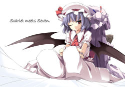 Rule 34 | 2girls, back-to-back, bat wings, blue hair, book, cover, double bun, english text, female focus, fujy, hat, hat ribbon, holding, holding book, multiple girls, open book, patchouli knowledge, purple hair, reading, red eyes, remilia scarlet, ribbon, sitting, touhou, wings, wink, wrist cuffs
