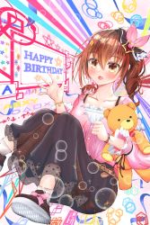 Rule 34 | 1girl, absurdres, ankimo (tokino sora), black skirt, blush, box, bracelet, brown eyes, brown hair, collarbone, commentary request, english text, hair ornament, hairclip, happy birthday, highres, hololive, jewelry, long hair, long skirt, long sleeves, looking at viewer, open mouth, pink shirt, shirt, shoes, skirt, smile, sneakers, solo, star (symbol), star hair ornament, stuffed animal, stuffed toy, teddy bear, tokino sora, tokino sora (casual), virtual youtuber, yuuyamitouka