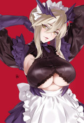 Rule 34 | 1girl, alternate costume, apron, armpits, arms up, artoria pendragon (fate), artoria pendragon (lancer alter) (fate), black dress, black gloves, blonde hair, blush, braid, breasts, dress, enmaided, fate/grand order, fate (series), french braid, gloves, hair between eyes, highres, horns, large breasts, long hair, long sleeves, looking at viewer, maid, maid headdress, parted lips, puffy sleeves, red background, ribbed dress, sidelocks, simple background, slit pupils, smile, solo, underboob, waist apron, white apron, yd (orange maru), yellow eyes