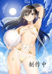 Rule 34 | arm up, armlet, armpits, ball, bare shoulders, beachball, belt, bikini, black hair, blue sky, blush, breasts, closed mouth, cloud, cloudy sky, collar, collarbone, commentary request, cross, cross earrings, day, earrings, gold bikini, grey eyes, holding, jewelry, long hair, looking at viewer, medium breasts, navel, necklace, official art, outdoors, see-through, shining (series), shining resonance, sky, smile, solo, sonia blanche, sun, swimsuit, tony taka