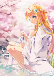 Rule 34 | 1girl, amiami (shop), amico, amico (amiami), barefoot, blonde hair, blush, braid, cherry blossoms, french braid, from side, green eyes, hair ornament, japanese clothes, long hair, looking at viewer, sitting, smile, soaking feet, solo, water, yumekui