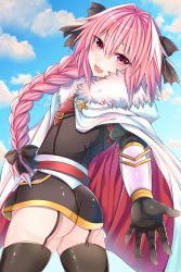 Rule 34 | 1boy, armor, ass, astolfo (fate), bad id, bad pixiv id, black bow, black thighhighs, blush, bow, braid, cape, cloud, dress, fang, fate/apocrypha, fate (series), faulds, fur trim, garter straps, gauntlets, gloves, hair bow, hair ribbon, long hair, looking at viewer, male focus, multicolored hair, open mouth, outdoors, pink hair, purple eyes, ribbon, shiny clothes, shiny skin, shisei (kyuushoku banchou), short dress, single braid, sky, smile, solo, thighhighs, trap, two-tone hair, white hair
