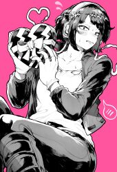 Rule 34 | 1girl, absurdres, audio jack, blush, boku no hero academia, box, gift, gift box, greyscale, greyscale with colored background, headphones, heart-shaped box, highres, jacket, jirou kyouka, long earlobes, looking at viewer, monochrome, open clothes, open jacket, pants, pink background, shirt, short hair, simple background, solo, valentine, yotsumi shiro
