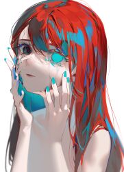 Rule 34 | 1girl, aqua eyes, aqua nails, closed mouth, commentary request, cracked skin, crying, crying with eyes open, empty eyes, hands on own face, highres, long hair, looking at viewer, mismatched pupils, mizumi zumi, nail polish, original, red hair, simple background, solo, tears, upper body, white background
