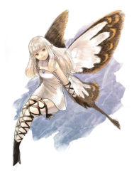 Rule 34 | 1girl, aerie (bravely default), bare shoulders, black gloves, bravely default: flying fairy, bravely default (series), butterfly wings, dress, fairy, fairy wings, gloves, grey eyes, insect wings, long hair, ma-hain-scarlet, pointy ears, short dress, sketch, smile, solo, strapless, strapless dress, thigh strap, thighhighs, white dress, white hair, wings