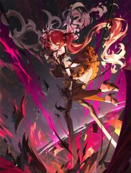Rule 34 | 1girl, asymmetrical legwear, bare shoulders, breasts, demon tail, detached leggings, dress, goomrrat, high heels, highres, long hair, looking at viewer, mismatched legwear, multicolored hair, open mouth, original, pointy ears, red hair, scissors, small breasts, solo, streaked hair, tail, thigh strap, two-sided dress, two-sided fabric, yellow eyes