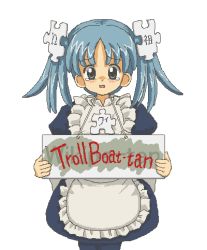 Rule 34 | 1girl, blue eyes, blue hair, commentary, hair ornament, jaggy lines, kasuga (kasuga39), lowres, maid, open mouth, pantyhose, pixel art, puzzle piece, sign, solo, tears, transparent background, twintails, wikipe-tan, wikipedia