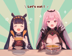 Rule 34 | 2girls, absurdres, black gloves, black nails, bowl, breasts, cape, choker, chopsticks, cleavage, closed eyes, commentary request, elbow gloves, english text, fingernails, flat chest, food, fur-trimmed choker, fur trim, gloves, highres, holding, holding bowl, holding chopsticks, holding food, hololive, hololive english, instant noodle block, instant ramen, juse (simasmasi), large breasts, long hair, mori calliope, multiple girls, nail polish, ninomae ina&#039;nis, ninomae ina&#039;nis (1st costume), noodles, open mouth, pack noodles, pink hair, plate, pointy ears, purple hair, ramen, red eyes, shoulder spikes, sidelocks, sitting, smile, sparkle, spikes, sunburst, sunburst background, table, tiara, veil, very long hair, virtual youtuber, wrapper