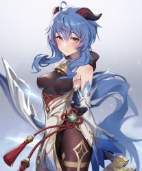 Rule 34 | ahoge, armpits, bare shoulders, bell, black legwear, blue hair, blush, bodystocking, bodysuit, bow, bow (weapon), breasts, chinese knot, covered erect nipples, detached sleeves, flower knot, ganyu (genshin impact), genshin impact, gold trim, highres, holding, holding bow (weapon), holding weapon, horns, leotard, leotard under clothes, long hair, looking at viewer, low ponytail, medium breasts, moriyama yuuki, multicolored eyes, neck bell, pelvic curtain, red rope, rope, sidelocks, smile, solo, standing, tassel, thighlet, very long hair, vision (genshin impact), weapon, white sleeves, wide sleeves