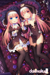 Rule 34 | 2girls, :d, arm up, black legwear, black sleeves, blonde hair, blue eyes, blush, breasts, brown dress, commentary, craytm, detached sleeves, dress, english commentary, feet out of frame, flower, frilled dress, frilled pillow, frills, habit, hand up, highres, holding hands, interlocked fingers, juliet sleeves, long hair, long sleeves, lying, multiple girls, nun, on back, one eye closed, open mouth, original, parted lips, petals, pillow, puffy sleeves, purple flower, purple rose, red eyes, red flower, red rose, rose, small breasts, smile, strapless, strapless dress, thighhighs, very long hair