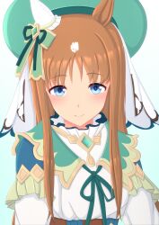 Rule 34 | 1girl, 2-butani, absurdres, animal ears, beret, blue eyes, bow, brown hair, capelet, clenched hands, commentary request, cowboy shot, ear covers, frown, gloves, grass wonder (saint jade healer) (umamusume), grass wonder (umamusume), green capelet, green hat, hair bow, hat, highres, horse ears, horse girl, long hair, long sleeves, official alternate costume, simple background, single ear cover, solo, tearing up, tears, thighhighs, umamusume, veil, white background, white gloves, white thighhighs, wrist cuffs