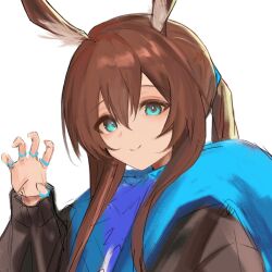 Rule 34 | 1girl, amiya (arknights), animal ear fluff, animal ears, arknights, black jacket, blue eyes, brown hair, claw pose, closed mouth, commentary request, ha (huton in mach), hair between eyes, hand up, highres, hood, hood down, hooded jacket, jacket, long hair, long sleeves, looking at viewer, open clothes, open jacket, ponytail, puffy long sleeves, puffy sleeves, rabbit ears, sidelocks, simple background, sketch, smile, solo, unfinished, white background
