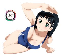 Rule 34 | 1girl, absurdres, armpits, artist name, benjoerres, black hair, blue one-piece swimsuit, blunt bangs, blush, bob cut, breasts, cleavage, commentary, competition swimsuit, derivative work, english commentary, foreshortening, full body, green eyes, hair ornament, hairclip, highres, kirigaya suguha, large breasts, legs together, looking at viewer, lying, on side, one-piece swimsuit, short hair, smile, solo, swimsuit, sword art online, thighs