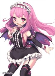 Rule 34 | 1girl, bare shoulders, bat wings, fang, fangs, garter straps, kishibe, long hair, looking at viewer, open mouth, original, pink eyes, pink hair, pointy ears, skirt, smile, solo, thighhighs, wings