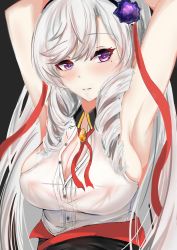 Rule 34 | 1girl, absurdres, algerie (azur lane), armpits, artist request, azur lane, bare shoulders, blush, breasts, cleavage, covered erect nipples, flower, hair flower, hair ornament, hands up, highres, large breasts, long hair, looking at viewer, mole, mole under eye, no bra, partially unbuttoned, purple eyes, purple flower, red ribbon, ribbon, shirt, sideboob, skindentation, sleeveless, sleeveless shirt, solo, white hair, white shirt