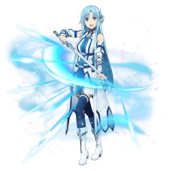 Rule 34 | 1girl, :d, asuna (sao), asuna (sao-alo), blue eyes, blue hair, blue thighhighs, boots, detached sleeves, dress, full body, holding, holding sword, holding weapon, long hair, open mouth, pleated dress, pointy ears, short dress, sleeveless, sleeveless dress, smile, solo, standing, sword, sword art online, thighhighs, transparent background, very long hair, weapon, white footwear