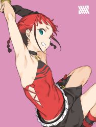 Rule 34 | 1girl, aqua eyes, armpits, arms up, asukagawa chise, breasts, collar, detached sleeves, gridman universe, grin, haimura kiyotaka, highres, looking at viewer, mole, mole under mouth, purple background, red hair, short hair, simple background, skirt, small breasts, smile, solo, ssss.dynazenon, twintails