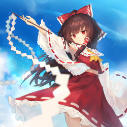 Rule 34 | 1girl, :o, ahoge, ascot, blush, bow, brown hair, cloud, cowboy shot, day, detached sleeves, floating hair, frilled bow, frilled hair tubes, frilled skirt, frills, gohei, hair bow, hair tubes, hakurei reimu, highres, holding, holding gohei, ichita (yixisama-shihaohaizhi), lens flare, long hair, looking at viewer, red bow, red eyes, red skirt, red vest, ribbon-trimmed skirt, ribbon-trimmed sleeves, ribbon trim, sidelocks, skirt, skirt set, sky, solo, touhou, twitter username, vest, white sleeves, wide sleeves, yellow ascot