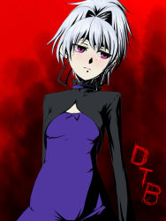 Rule 34 | 00s, 1girl, black bow, bow, breasts, cowboy shot, darker than black, expressionless, hair bow, long sleeves, ponytail, purple eyes, silver hair, skin tight, small breasts, solo, tro (trombe), upper body, yin (darker than black)
