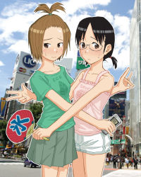 Rule 34 | 2girls, \m/, black hair, blush, brown eyes, brown hair, camisole, casual, cellphone, city, hand fan, forehead, glasses, high ponytail, hug, ikagawa, multiple girls, nervous, paper fan, phone, photo background, quzilax, road, shirt, short hair, short twintails, shorts, skirt, smile, street, sweat, t-shirt, twintails, uchiwa, v