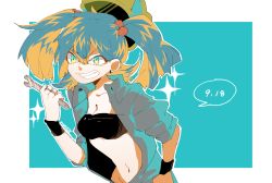 Rule 34 | 1girl, bandeau, blue eyes, blue hair, ear piercing, earrings, fang, grin, hair bobbles, hair ornament, hat, jacket, jewelry, kawashiro nitori, matching hair/eyes, midriff, namataro, navel, piercing, sketch, smile, solo, sparkle, touhou, twintails, two side up, upper body, wrench, wristband