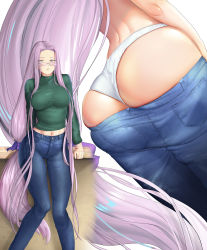 Rule 34 | 1girl, ass, blue pants, bow, breasts, casual, denim, dutch angle, fate/grand order, fate (series), glasses, green shirt, hair bow, highres, jeans, kariza, large breasts, long hair, long sleeves, low-tied long hair, low ponytail, lower body, medusa (fate), medusa (rider) (fate), midriff, multiple views, navel, official alternate costume, panties, pants, panty pull, purple bow, purple eyes, shirt, simple background, square pupils, underwear, very long hair, wedgie, white background, white panties