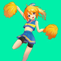 Rule 34 | 1girl, :d, absurdres, arm up, bare arms, bare shoulders, bike shorts, black shorts, blonde hair, blue shirt, blue skirt, cheerleader, commentary request, crop top, feet out of frame, full body, green background, hair between eyes, head tilt, highres, idolmaster, idolmaster cinderella girls, idolmaster cinderella girls starlight stage, mamagogo (gomaep), midriff, navel, open mouth, pleated skirt, ponytail, purple eyes, shirt, short shorts, shorts, shorts under skirt, simple background, skirt, sleeveless, sleeveless shirt, smile, solo, standing, standing on one leg, v-shaped eyebrows, yuuki haru