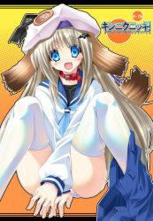 Rule 34 | animal ears, blue eyes, buttons, collar, dog ears, dog tail, fangs, hat, ichijou hitoshi, large buttons, little busters!, long hair, noumi kudryavka, panties, school uniform, serafuku, silver hair, solo, striped clothes, striped panties, tail, thighhighs, underwear