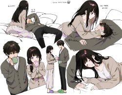 Rule 34 | 1boy, 1girl, alternate costume, artist logo, black hair, black pants, blush, breasts, cardigan, chitanda eru, closed eyes, collarbone, commentary request, cup, drinking, from side, full body, green eyes, hand on another&#039;s cheek, hand on another&#039;s face, height difference, highres, holding, holding cup, hyouka, korean text, large breasts, long hair, long sleeves, looking at another, lying, medium breasts, mery (yangmalgage), mug, multiple views, on back, on bed, oreki houtarou, pants, pillow, purple eyes, short hair, sitting, sleeves past wrists, sweater, translated, white background, yokozuwari