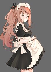 Rule 34 | 1girl, alternate costume, apron, aqua eyes, black dress, blunt bangs, closed mouth, commentary, dress, english commentary, felicia (fire emblem), fire emblem, fire emblem fates, frilled dress, frills, grey background, highres, leatzche, long hair, looking at viewer, maid, maid headdress, nintendo, pink hair, ponytail, puffy short sleeves, puffy sleeves, short sleeves, sidelocks, simple background, smile, solo, waist apron, white apron, wrist cuffs