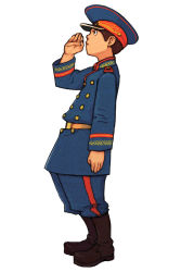 Rule 34 | 1boy, advance wars, advance wars: dual strike, belt, black eyes, boots, brown hair, buttons, colin (advance wars), frown, full body, hat, highres, hirata ryou, male focus, military, military uniform, nintendo, official art, peaked cap, profile, salute, short hair, simple background, solo, standing, uniform