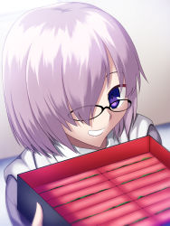 Rule 34 | 1girl, artist request, fate/grand order, fate/stay night, fate (series), glasses, hair over one eye, highres, looking at viewer, mash kyrielight, purple eyes, purple hair, skylader, smile, solo